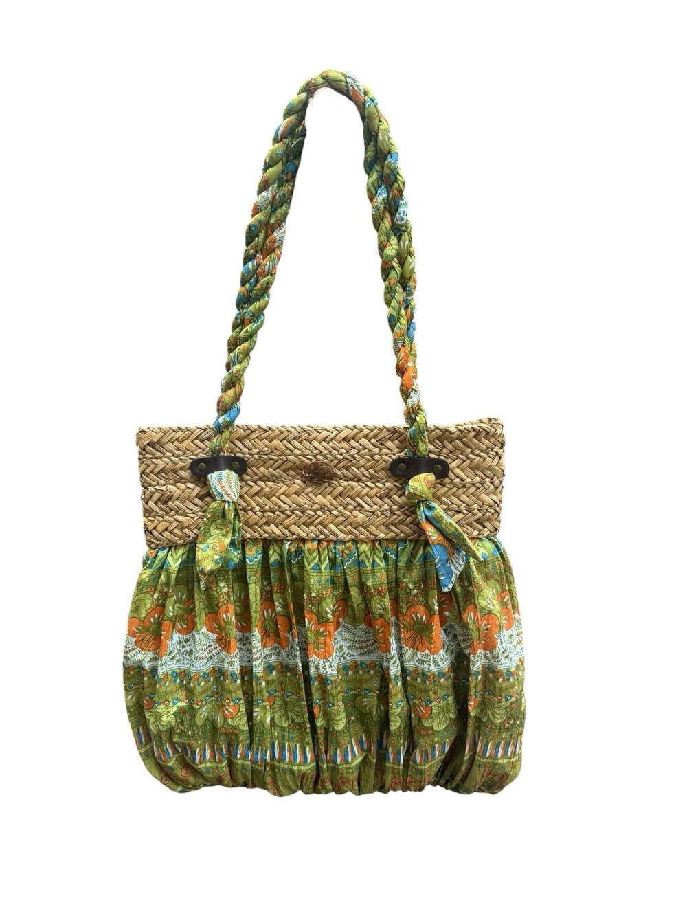Cappelli Straworld Boho Floral Fabric and Woven Straw Tote Bag